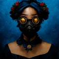 Beautiful African woman wear protective gas mask and goggles glasses with red pretty roses flowers in hair