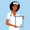 Beautiful afro american female nurse is holding clipboard and showing document. Portrait of young afro american nurse or medic wit Royalty Free Stock Photo