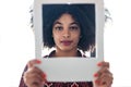 Beautiful afro business woman holding hands frame while posing to camera to snapshot in the office at home