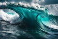 On a beautiful afternoon, a close-up of a powerful teal blue wave breaking in open water can be seen