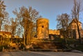 Beautiful afternoon light in park with old castle ruins Royalty Free Stock Photo