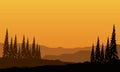 Beautiful afternoon sky color with mountain views and pine tree silhouettes. Vector illustration