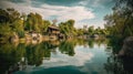 Beautiful afternoon in the village by the river, professional soft photography style, AI Generative