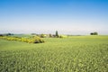 Beautiful agrarian landscape with fields, blue sky and farm near Dusseldorf, Germany. No street, no industry, no other buildings. Royalty Free Stock Photo