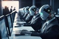 AI Robots using multiple computers working monitoring data in office Generative AI Royalty Free Stock Photo