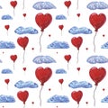 Beautiful air balloons in form of hearts whit clouds, seamless watercolor pattern on white background. Can be used for Royalty Free Stock Photo