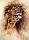 Beautiful airbrush painting of a loving lion and her baby cub