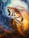 Beautiful Airbrush Painting Of A Roaring Tiger On A Abstract Cos