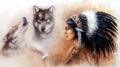 young indian woman wearing a gorgeous feather headdress, with an image of two wolves