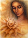 beautiful airbrush portrait of a young woman with closed eyes meditating upon a spiraling seashell Royalty Free Stock Photo