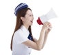 Beautiful Airline stewardess holding the megaphone