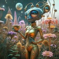 beautiful alien lady with huge eyes in golden dress drinking a tea around blossom flowers. Digital artwork. Ai generated Royalty Free Stock Photo