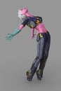 Beautiful alien woman in an action pose of leaping or floating