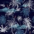 Beautiful Aloha monotone blue seamless island pattern vector. Landscape with palm trees,beach and ocean vector hand drawn style Royalty Free Stock Photo