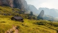 Beautiful alpine countryside. Awesome Alpine highlands in sunny day. Amazing Nature Scenery of Dolomites Alps. Epic Scene in the Royalty Free Stock Photo