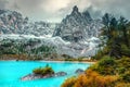 Beautiful alpine landscape with turquoise glacier lake, Sorapis, Dolomites, Italy