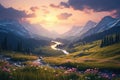 Beautiful alpine meadow with flowers in mountains at sunset, Mountain valley during sundown. Beautiful naural landscape in the Royalty Free Stock Photo