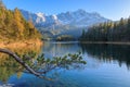 Alpine panorama of Lake Eibsee with Germanys highest mountain Zugspitze in the background on a sunny afternoon in autumn Royalty Free Stock Photo