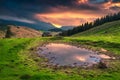 Beautiful alpine pasture with misty mountains at sunrise, Transylvania, Romania