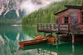 Beautiful alpine scenery on Lago di Braies Lake - Pragser Wildsee - Dolomites, Italy Royalty Free Stock Photo