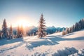 Beautiful alpine scenery in the winter. Sunrise scene with snowflakes and conifer trees coated in snow. Royalty Free Stock Photo