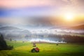 Beautiful alpine view with an agricultural hut near the Geroldsee and the famous Karwendel summit Mittenwald, Bavaria, Germany