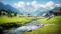 Beautiful Alps landscape with village, green fields and cows at sunny day. Swiss mountains at the background