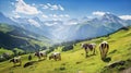 Beautiful Alps landscape with village, green fields and cows at sunny day. Swiss mountains at the background