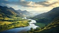 Beautiful Alps landscape with village, green fields and cows at sunny day. Swiss mountains at the background Royalty Free Stock Photo