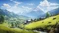 Beautiful Alps landscape with village, green fields, mountain river at sunny day. Swiss mountains at the background Royalty Free Stock Photo