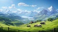 Beautiful Alps landscape with village, green fields, mountain river at sunny day. Swiss mountains at the background Royalty Free Stock Photo