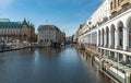 Beautiful Alster Arcades in the city of Hamburg called Alsterarkaden - CITY OF HAMBURG, GERMANY - MAY 10, 2021 Royalty Free Stock Photo