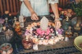 Beautiful altar with crystals and rose flowers