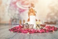 Beautiful altar with rose petals and goddess breasts. ceremony space. Royalty Free Stock Photo