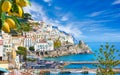 Beautiful Amalfi on hills leading down to coast, Campania, Italy. Amalfi coast is most popular travel and holiday destination Royalty Free Stock Photo