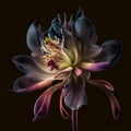 Beautiful amazing aquilegia flower of unusual shape isolated on black close-up, beautiful floral background,