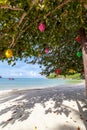 Beautiful amazing incredible tropical beach, white sand, blue sky with clouds and reflection of trees on the sand