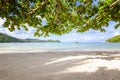 Beautiful amazing incredible tropical beach, white sand, blue sky with clouds and reflection of trees on the sand