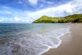 Beautiful delightful incredible tropical beach, white sand, blue sky with clouds, postcard