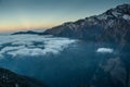 Beautiful amazing sunrise landscape with floating clouds at the mountains in Himalayas Royalty Free Stock Photo