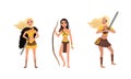 Beautiful Amazon Girls Collection, Female Ancient Warriors Characters Standing with Bow and Sword Cartoon Vector