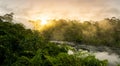 beautiful amazon river with mist and green trees