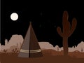 Beautiful amd mystic illustration with indian tepee and saguaro cactus silhouette