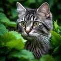 A beautiful American bobtail cat surrounded by lush greenery, created by artificial intelligence Royalty Free Stock Photo