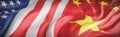 Beautiful American and china Flag Wave Close Up on banner background with copy space.,joining together concept.,3d model and Royalty Free Stock Photo