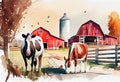 Beautiful American farm scene. horses and cows. Watercolor drawing style. Generative ai