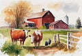 Beautiful American farm scene. horses and cows. Watercolor drawing style. Generative ai