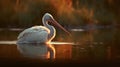 Beautiful American white pelican bird floating at the lake