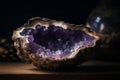 Beautiful amethyst geode glowing in morning light on wooden shelf of a gemstone store. Generative AI