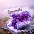 Radiant Amethyst Geode in a Misty Landscape Royalty Free Stock Photo